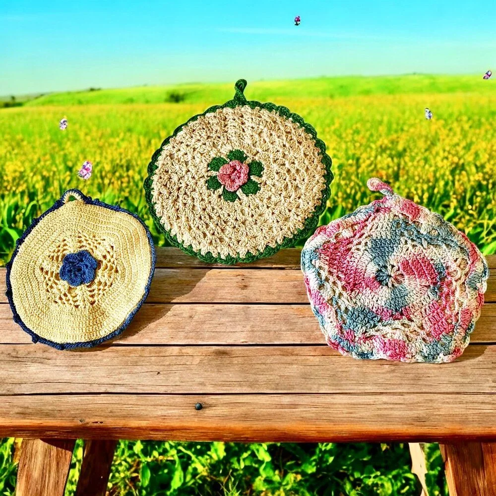 Potholder Hot Pad Hand Crochet Granny Chic Vintage Lot of 3 Small